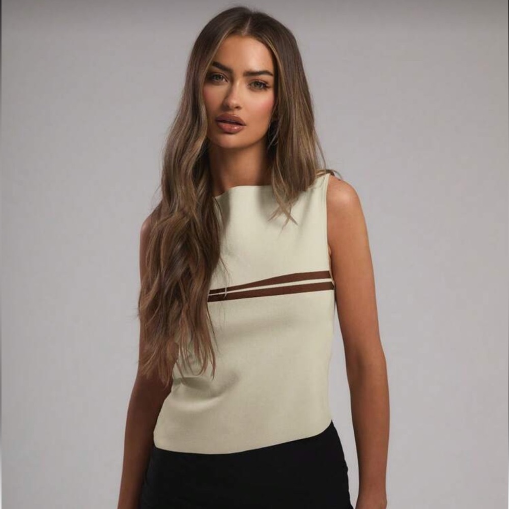 Elegant Cream and Brown Sleeveless Top